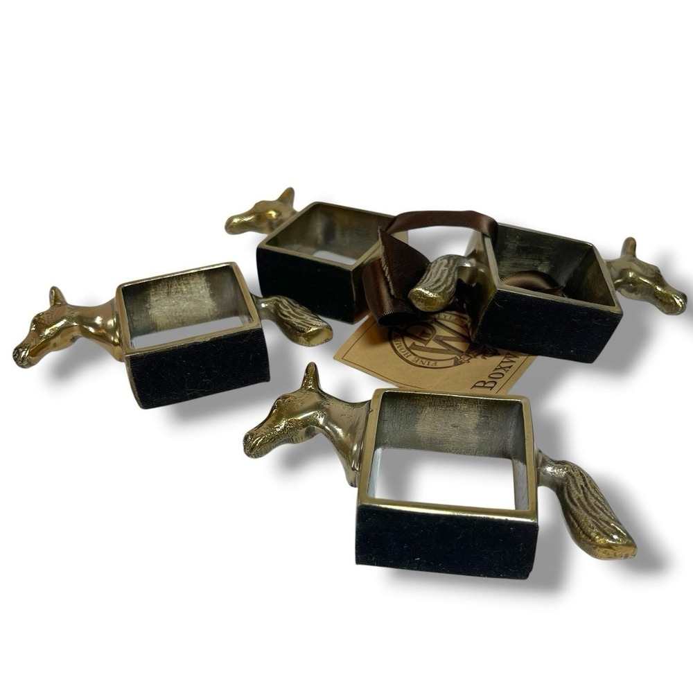 New Boxwoods Set of 4 Brass Tone Horse Napkin Rings Equestrian Table Decor - Picture 6 of 8